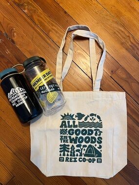 REI tote and two member exclusive Nalgene water bottles